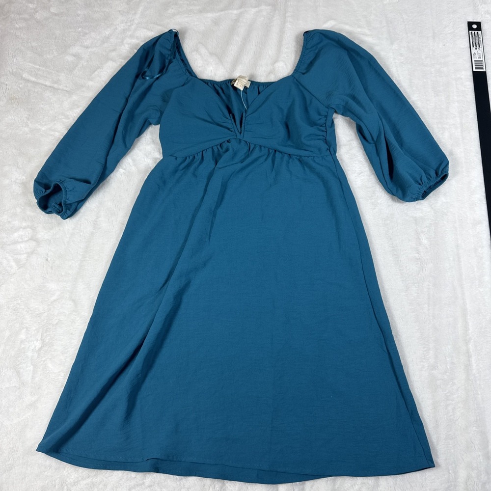 Monteau LA Women Teal 3/4 Puff Sleeve V-Neck Empire Waist Dress Size S 502017